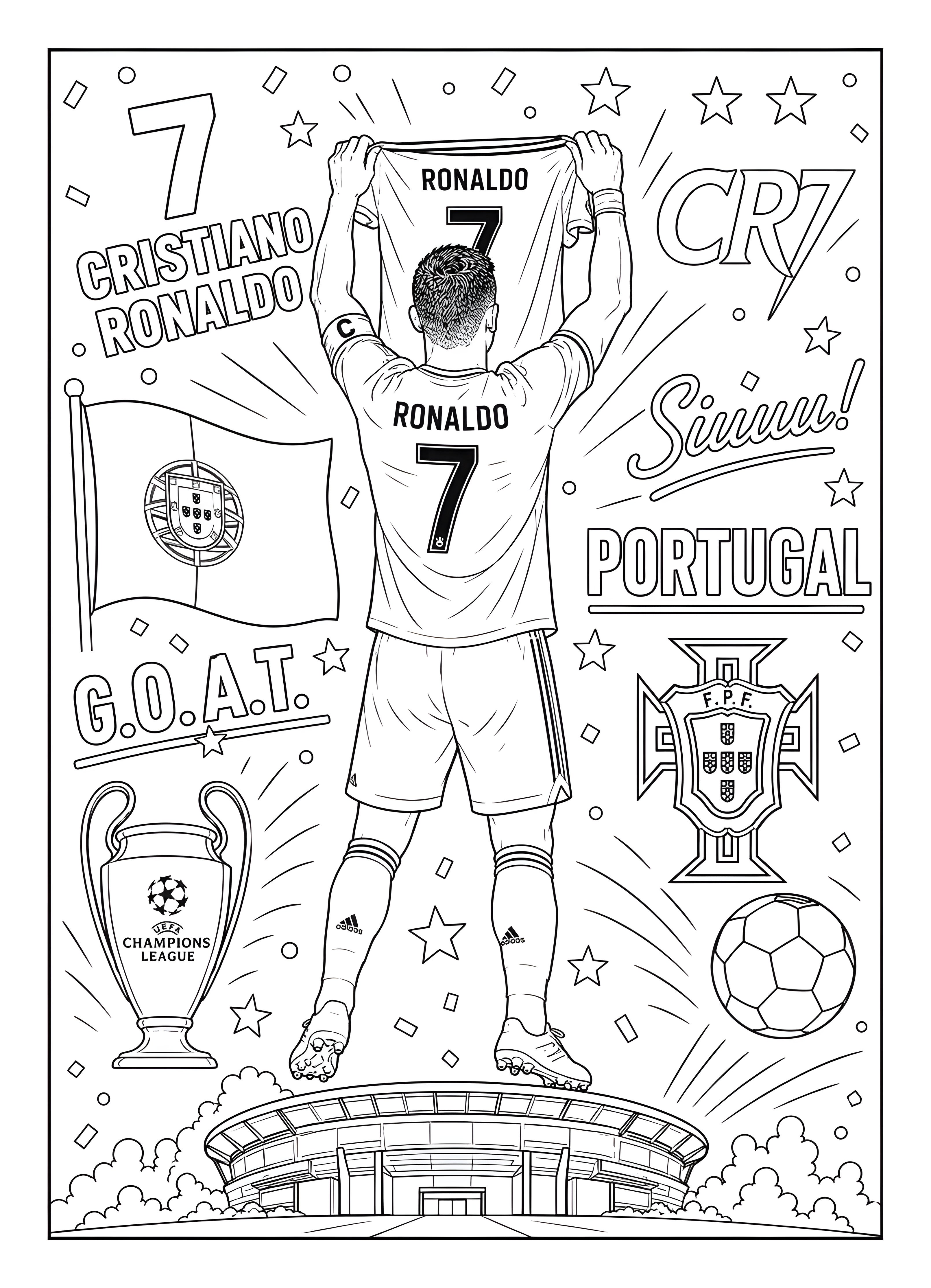 背番号7の「RONALDO」と書かれたシャツを両手で頭上に掲げる選手の後ろ姿。ポルトガル代表をテーマにしたサッカーのぬりえです。