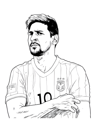縦じまのサッカーユニフォーム姿のリオネル・メッシが腕を組み、視線を上げるサッカー選手のぬりえ。