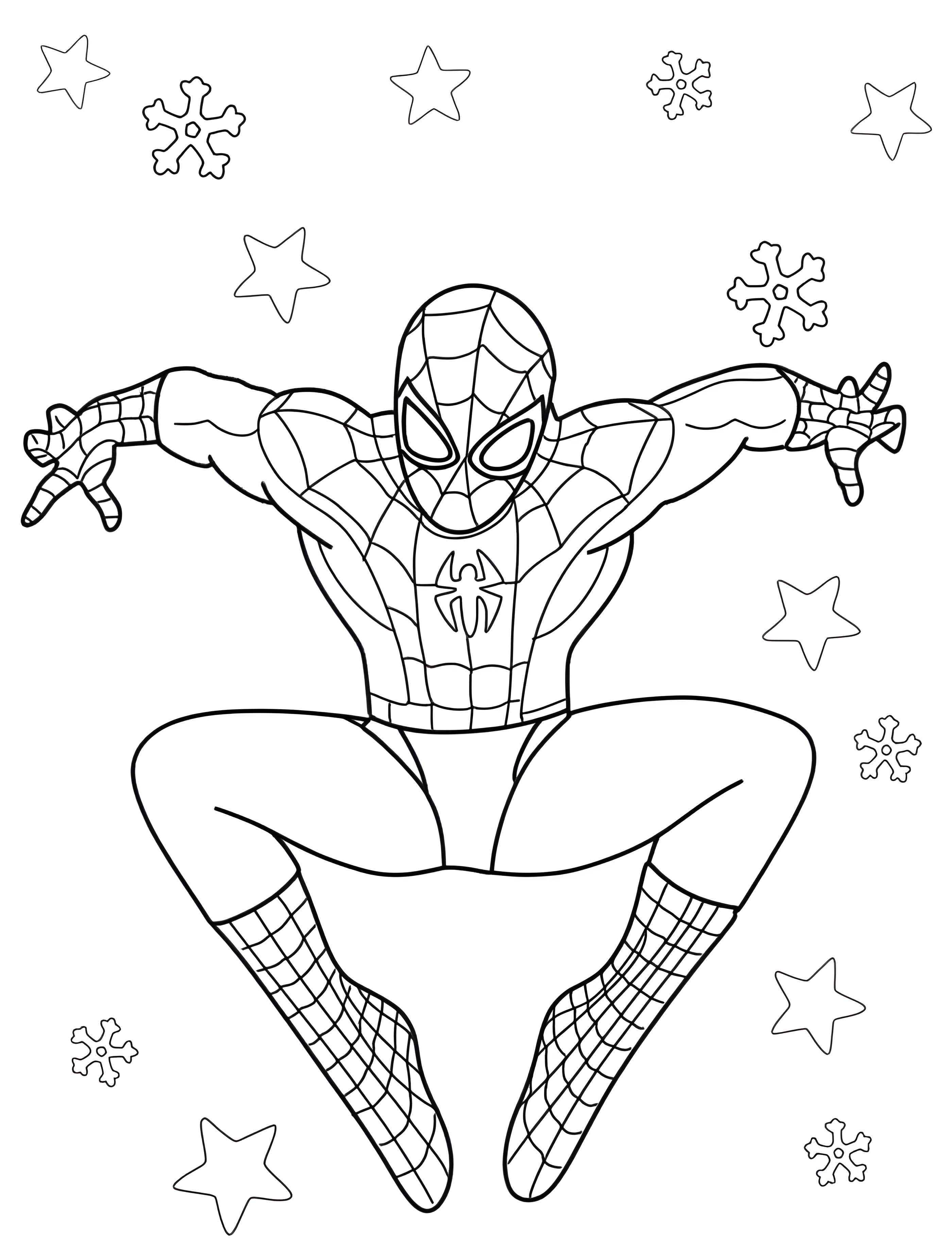スパイダーマンが膝を曲げて空中に浮かび、両腕を左右に広げた姿のぬりえです。周りに星と雪の結晶が描かれています。