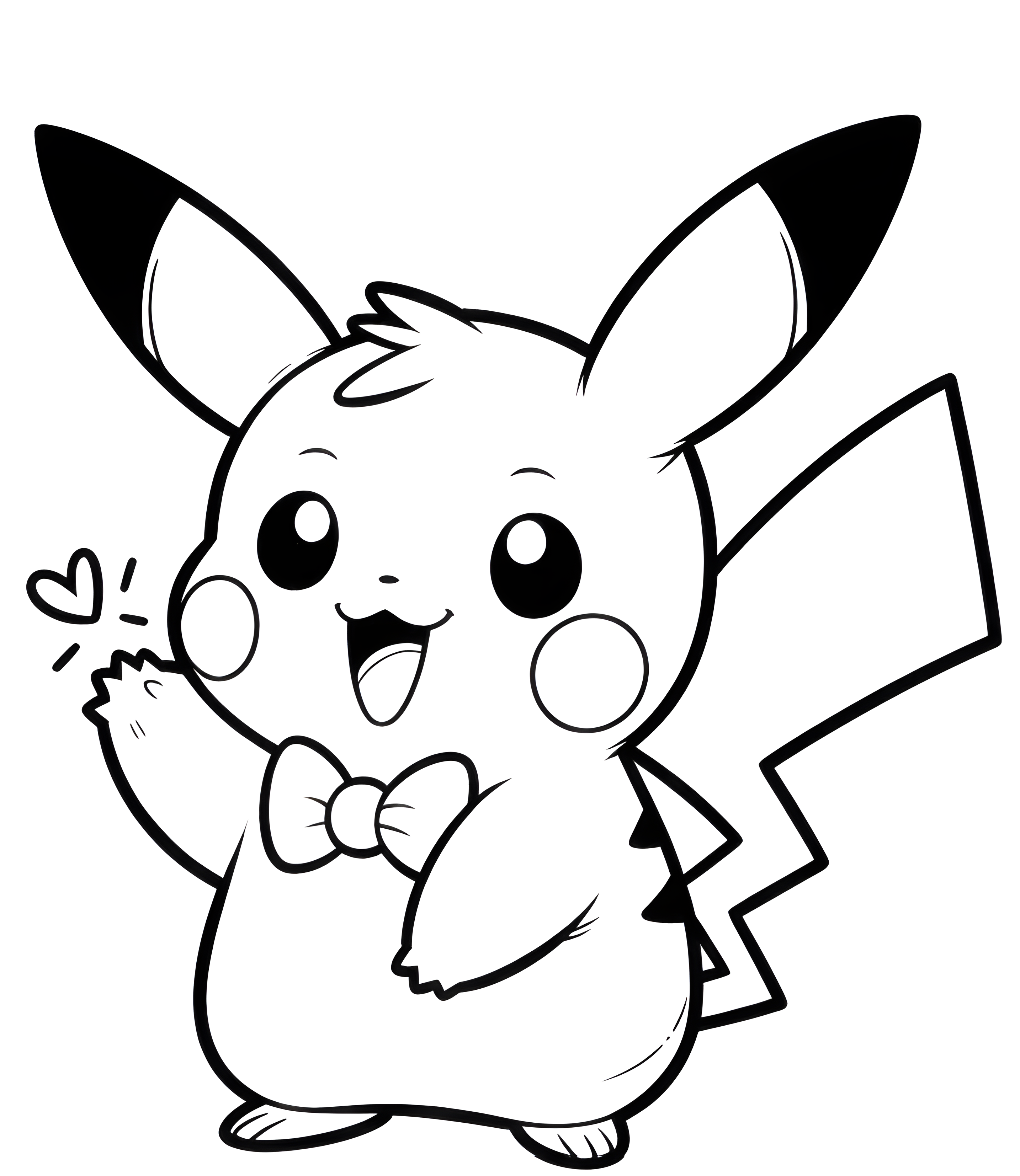 蝶ネクタイをつけたピカチュウが、笑顔で片手を上げているポケモンのぬりえ。