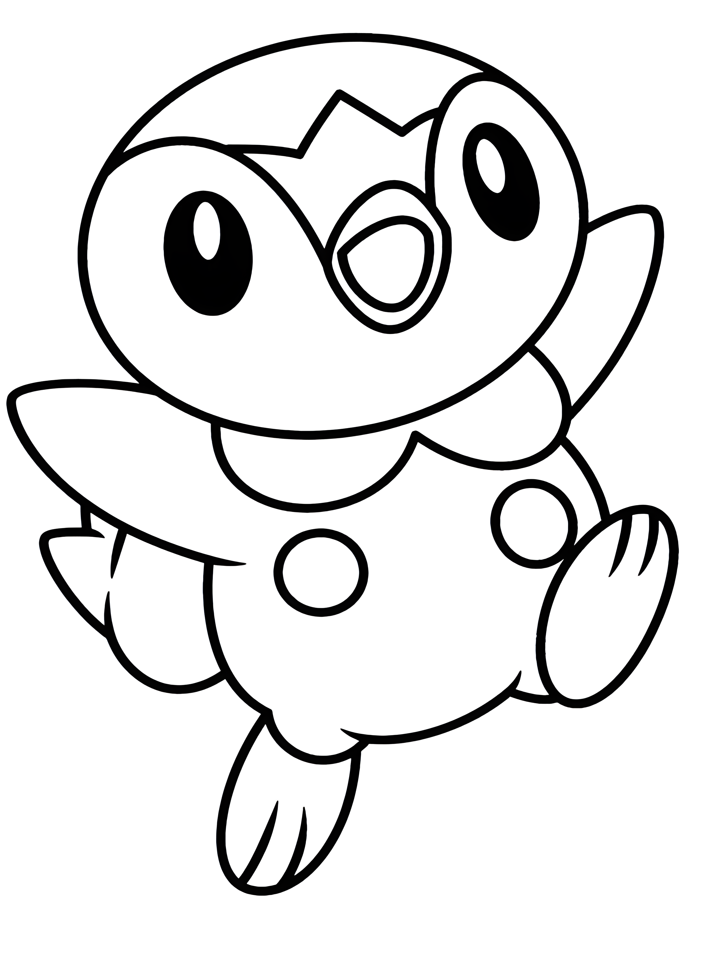 ポケモンのポッチャマが片手を上げてあいさつする姿を描いたぬりえです。