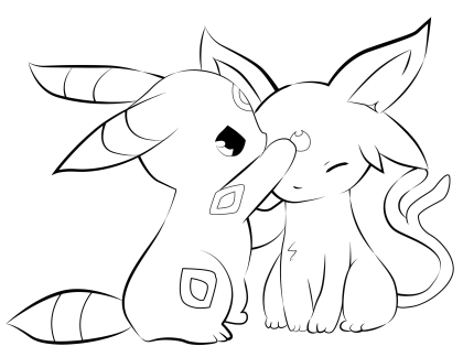 ポケモンのエーフィとブラッキーが座って額を寄せ合う、ぬりえ用の線画です。