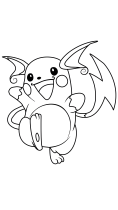 翼を広げ、前足を上げて笑顔を見せるライチュウのポケモンぬりえです。