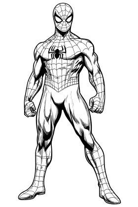 ウェブ模様のスーツと胸のクモのマークが描かれたスパイダーマンが、足を開いて正面を向いて立つぬりえです。