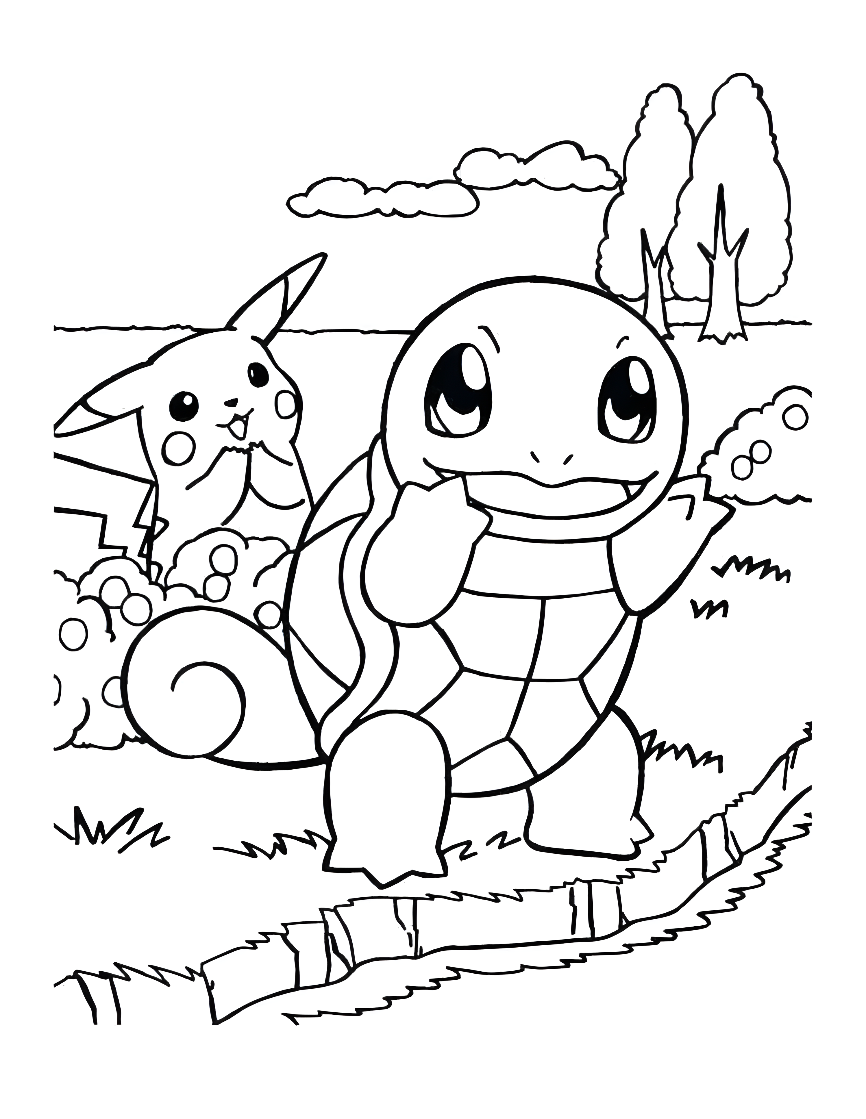 前景で両手を上げるゼニガメと、後ろで立つピカチュウを描いたポケモンのぬりえです。